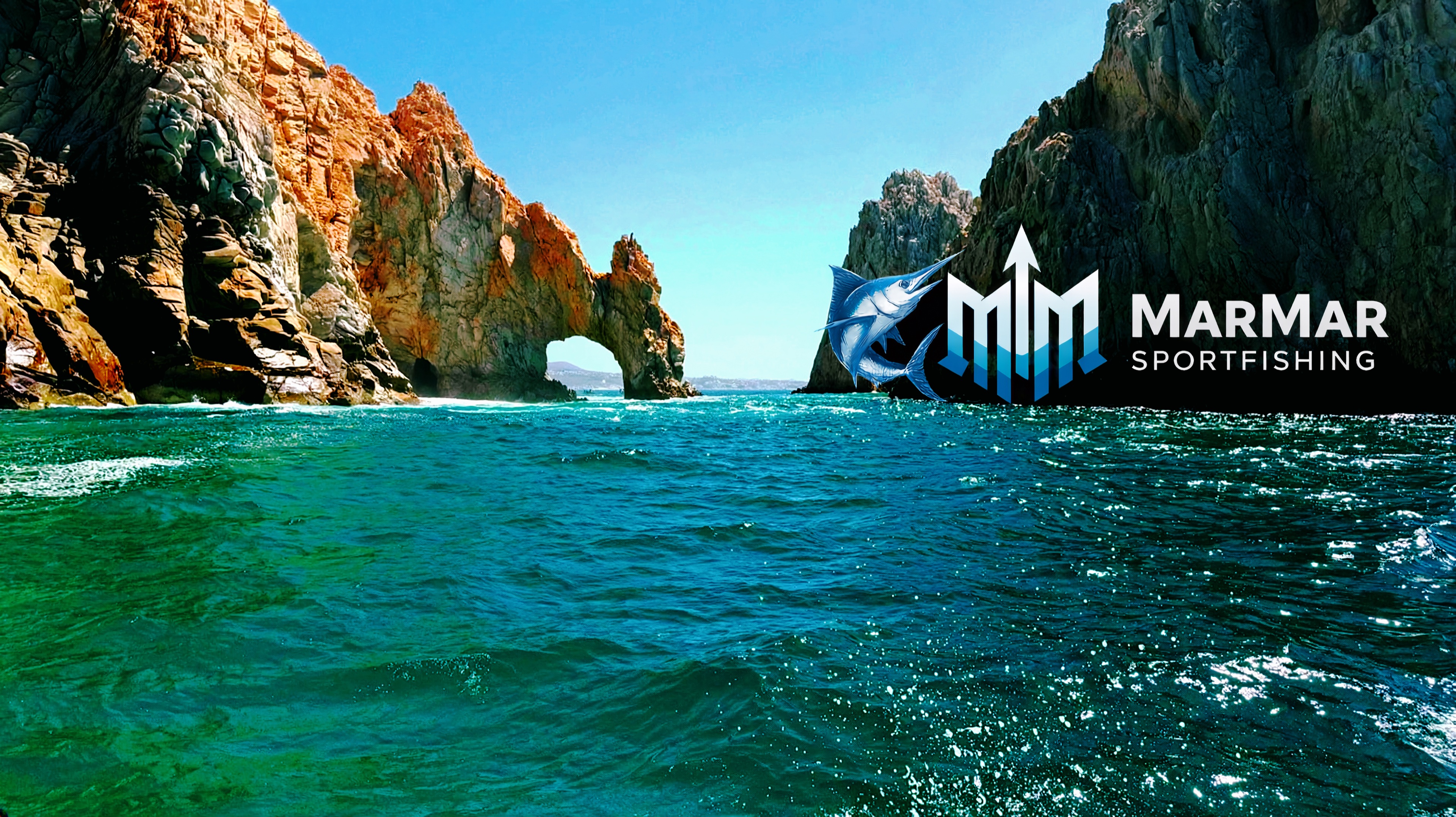 El Arco in Cabo San Lucas with bright turquoise ocean and MarMar Sport Fishing logo